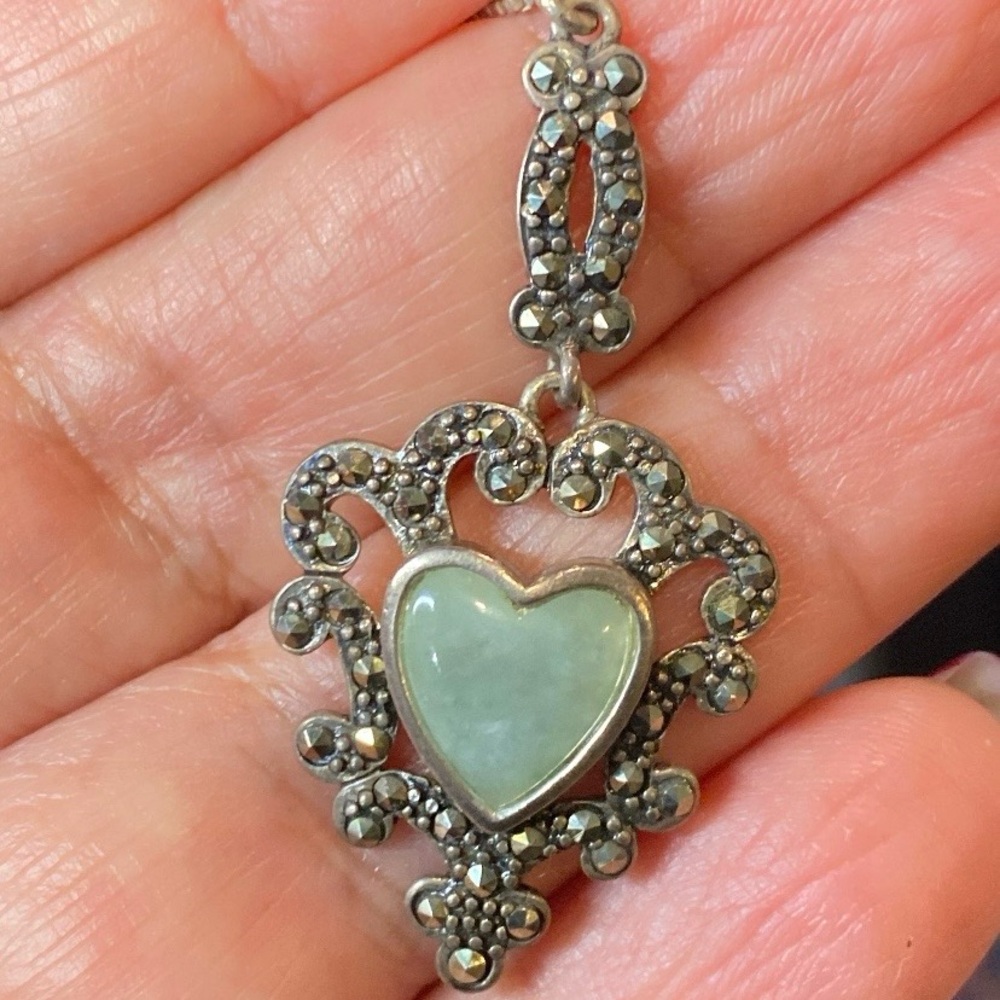 Sterling Silver Chalcedony Jade Heart Pendant with Marcasite Gemstone NecKlace